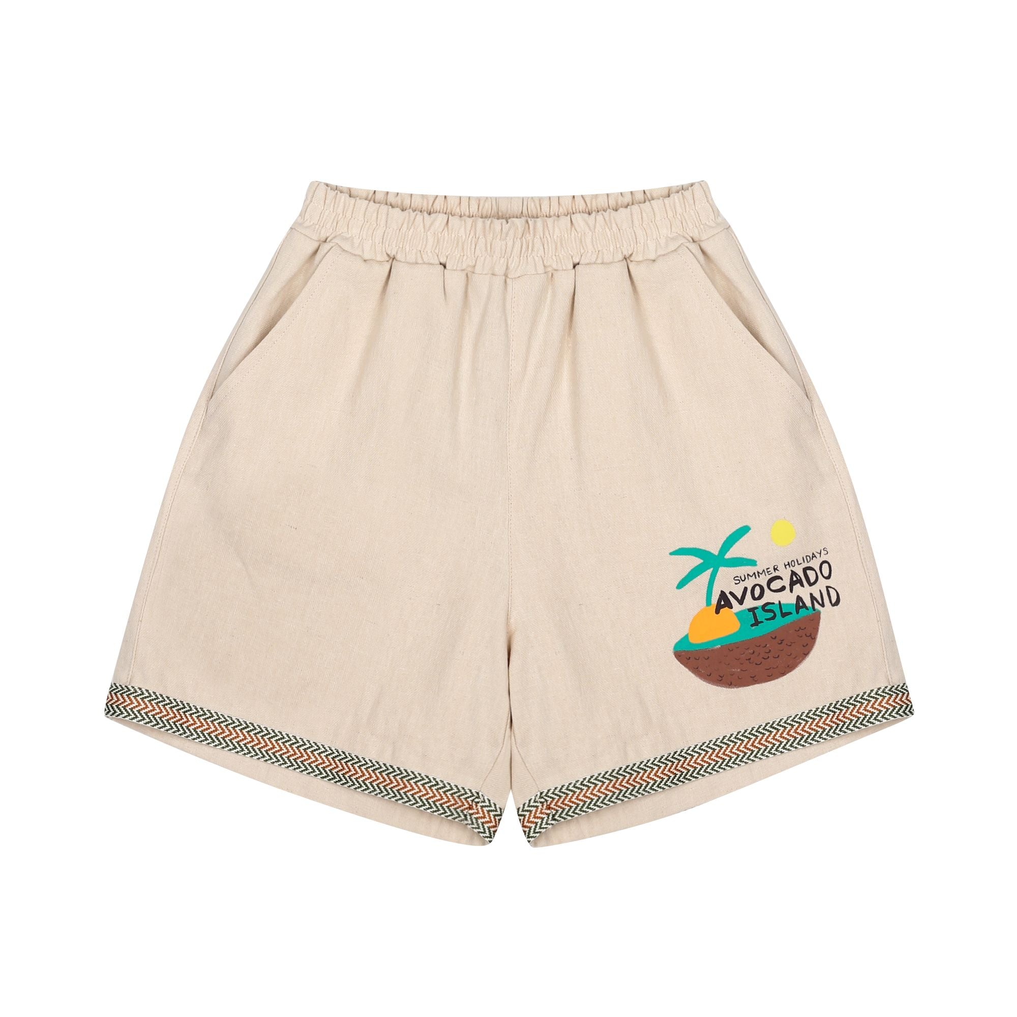 Jelly Mallow-Avocado Island Linen Shorts Cream