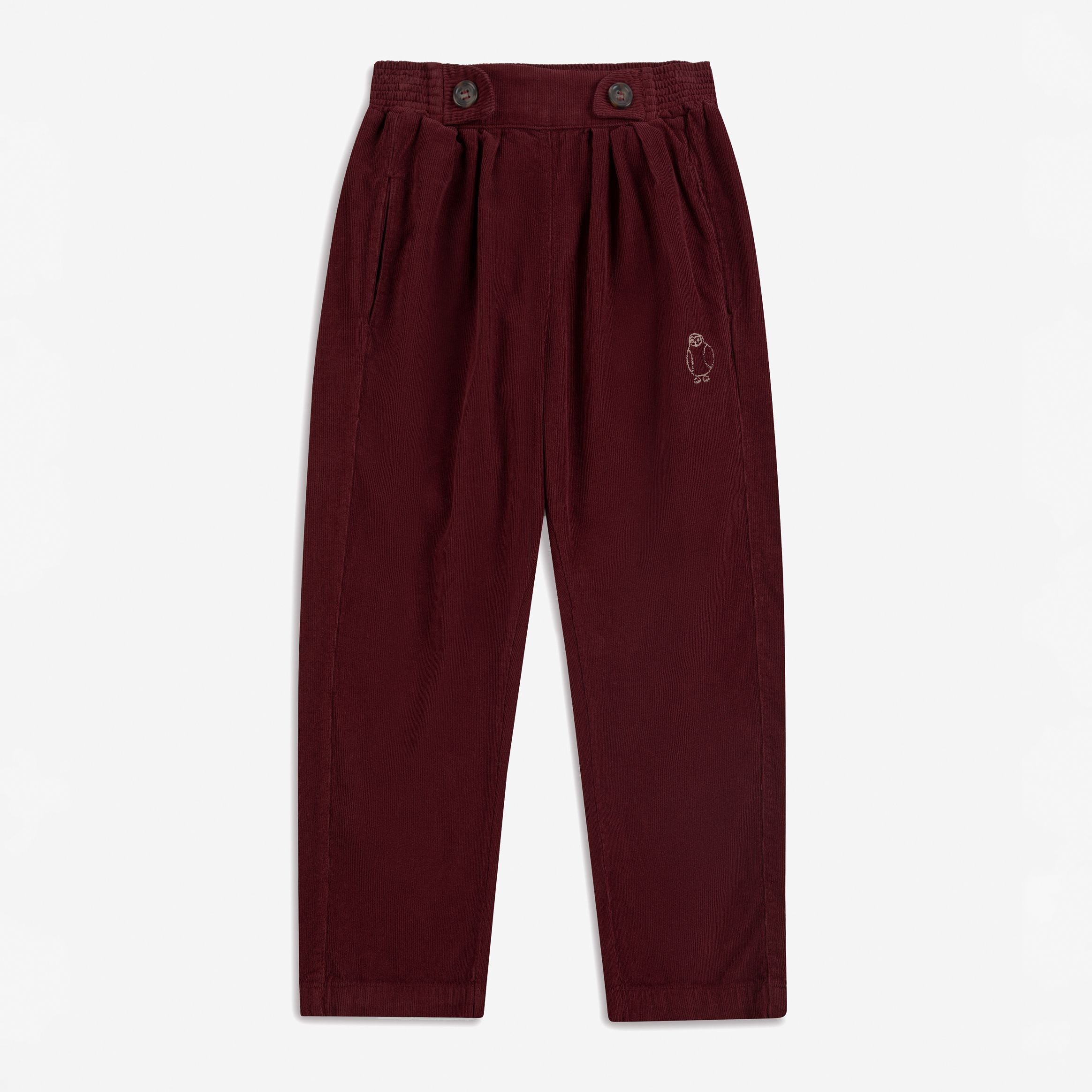 Bobo Choses-Kids Curious Owl Corduroy Pleated Pants Burgundy Red