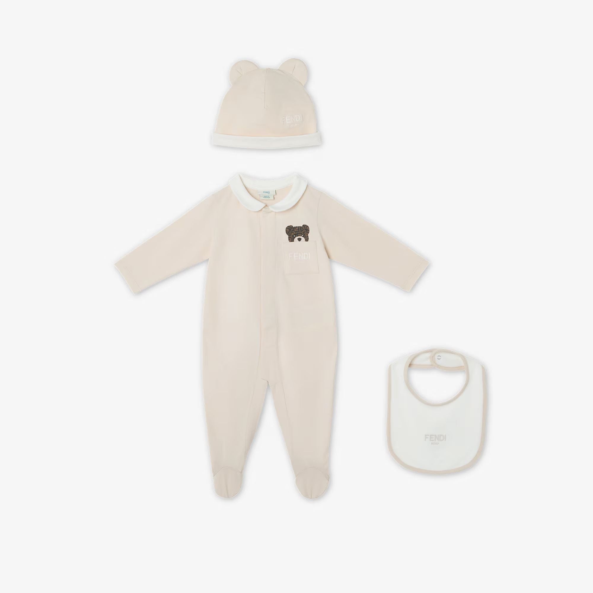 Fendi-Babygrow Hat Bib Set Beige