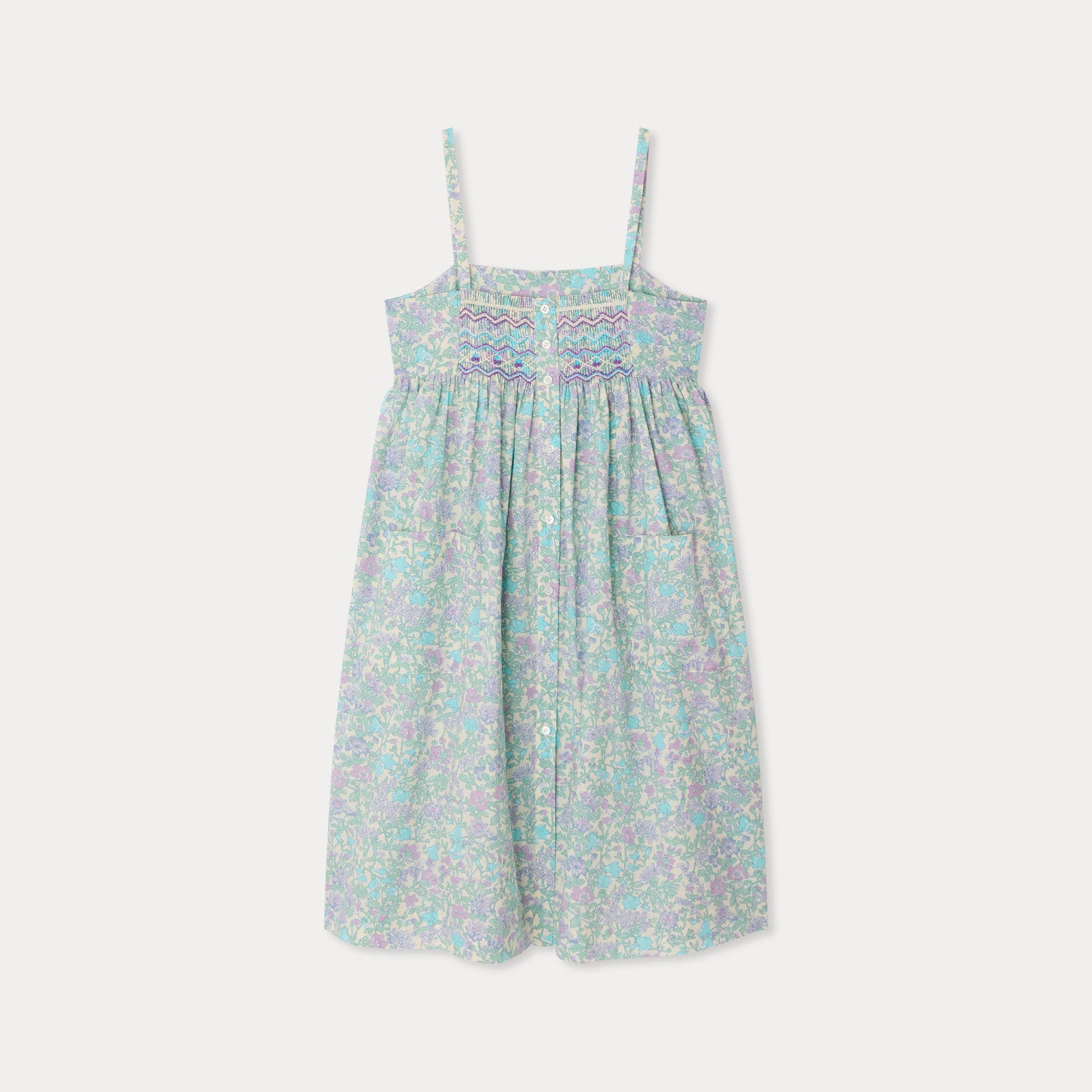 Bonpoint-Passion dress smocked and embroidered in Liberty fabric Parme Clair