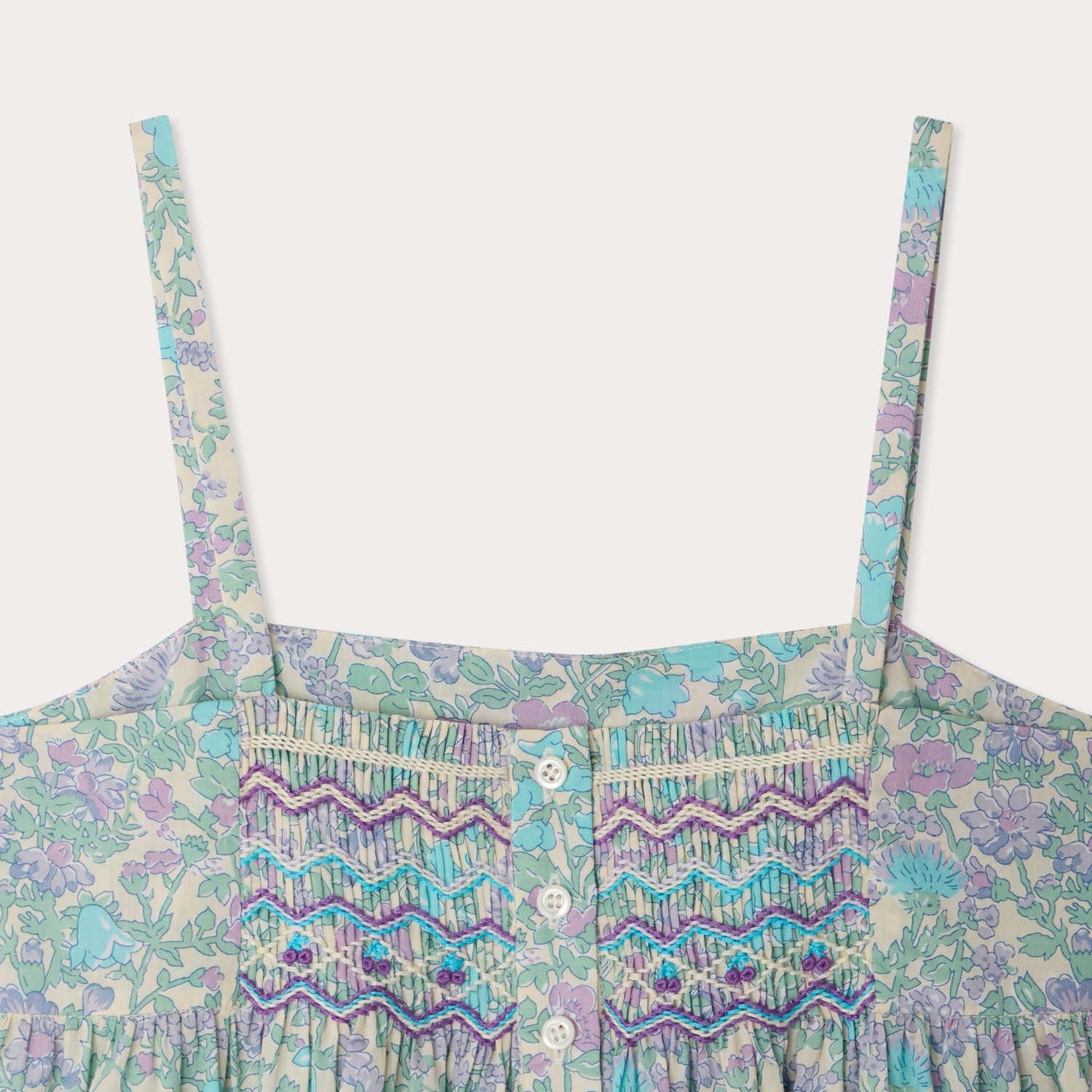 Bonpoint-Passion dress smocked and embroidered in Liberty fabric Parme Clair