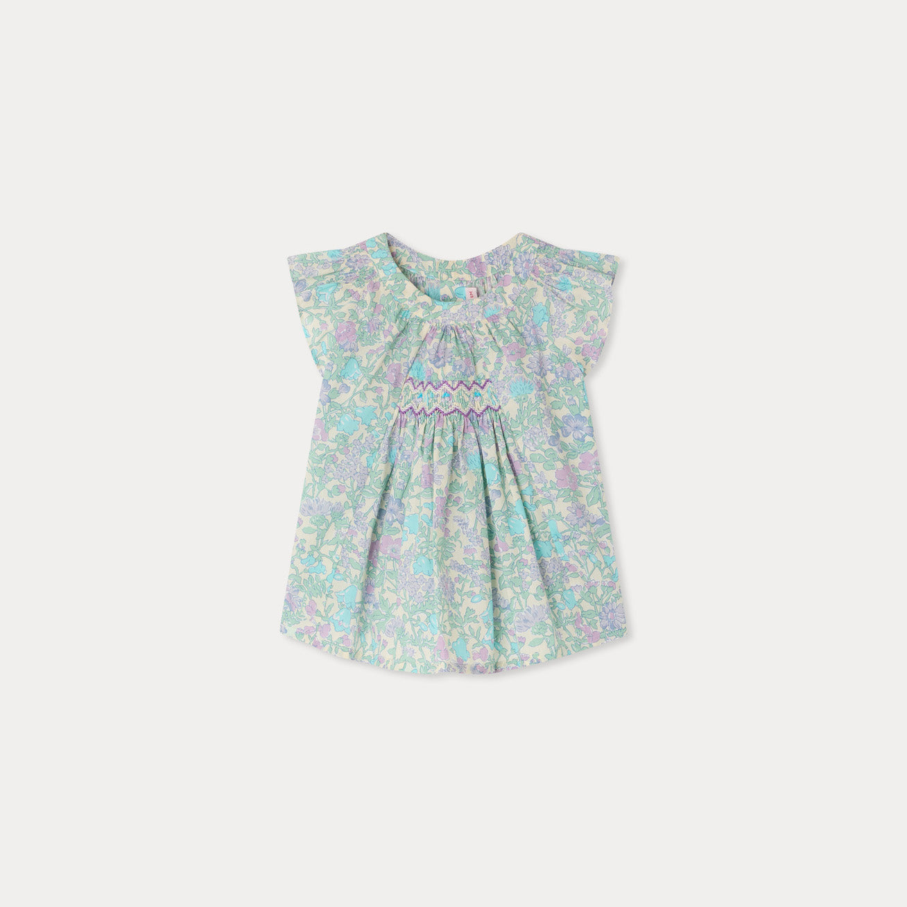 Bonpoint-Laurie blouse smocked and hand-embroidered in Liberty Parme Clair