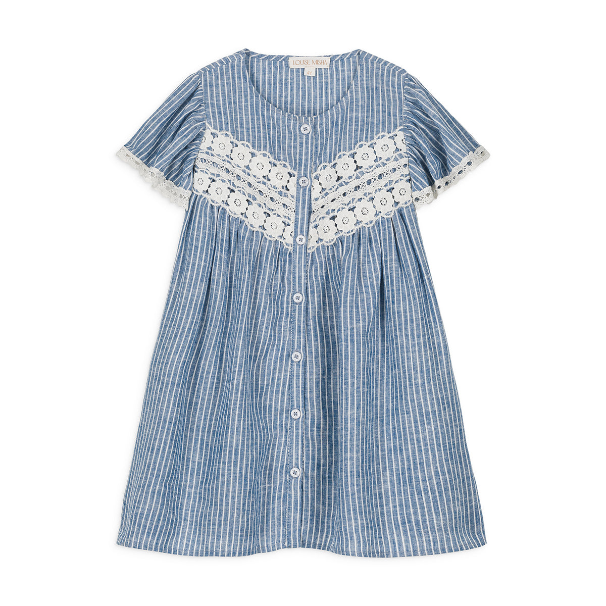 Louise Misha-Girls Blue Lace Linen Dress