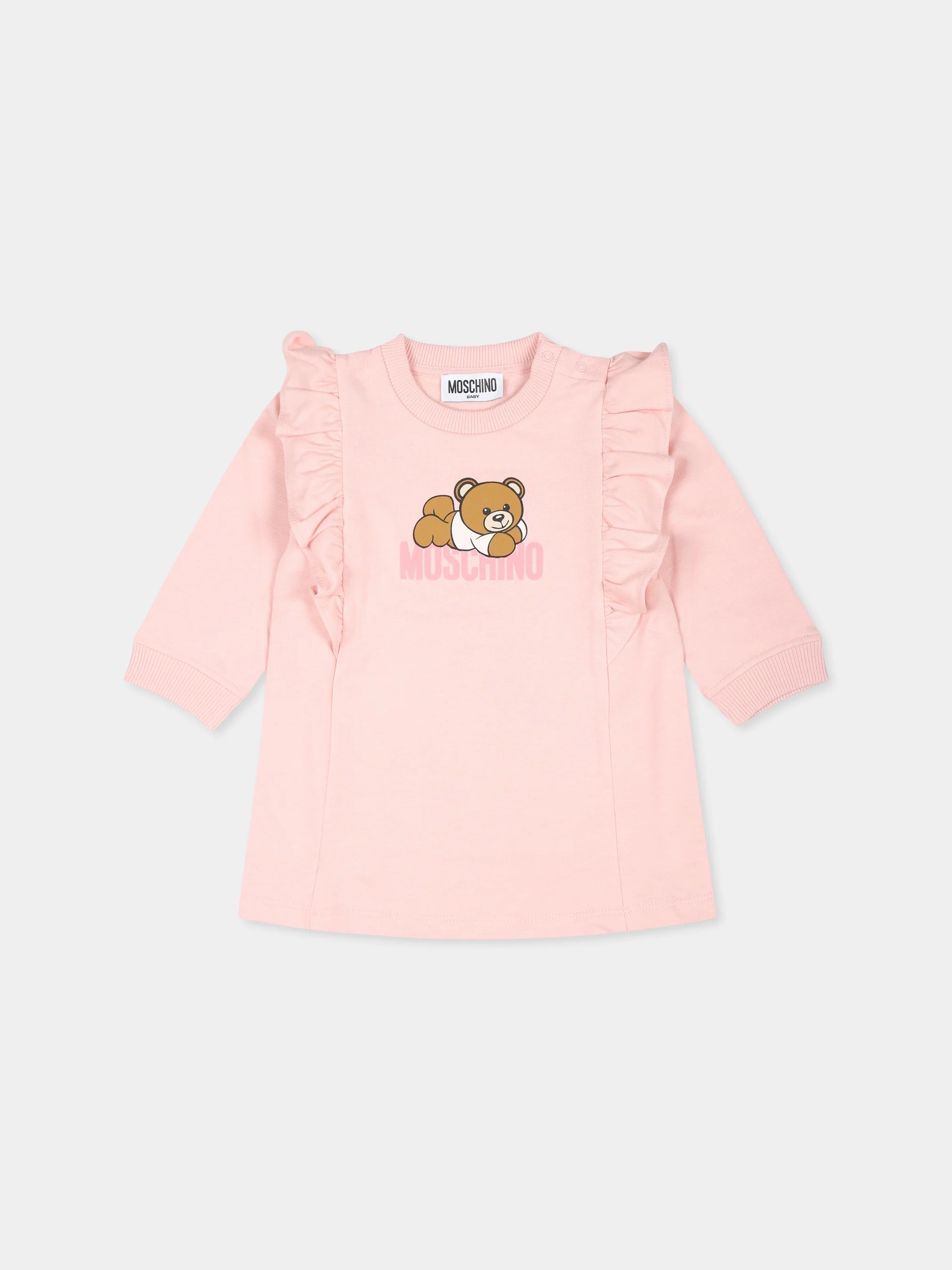 BABY GIRL LS BEAR LOGO RUFFLED DRESS WITH GIFT BOX