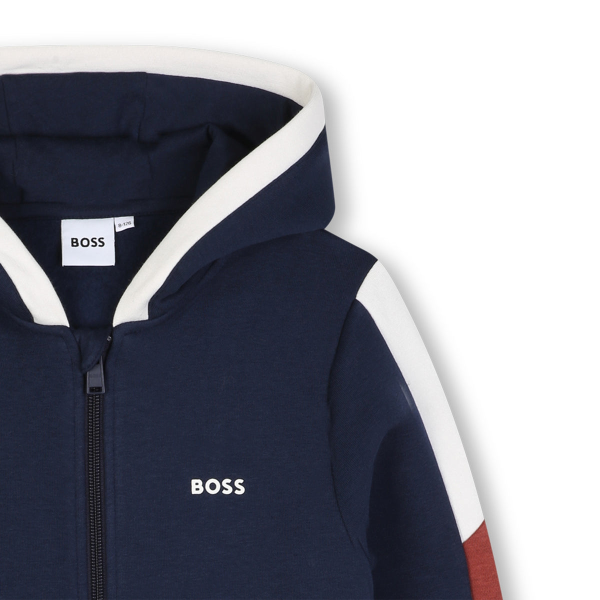 Boss-Hooded Jogging Cardigan In Brushed Fleece With Color Blocks Navy
