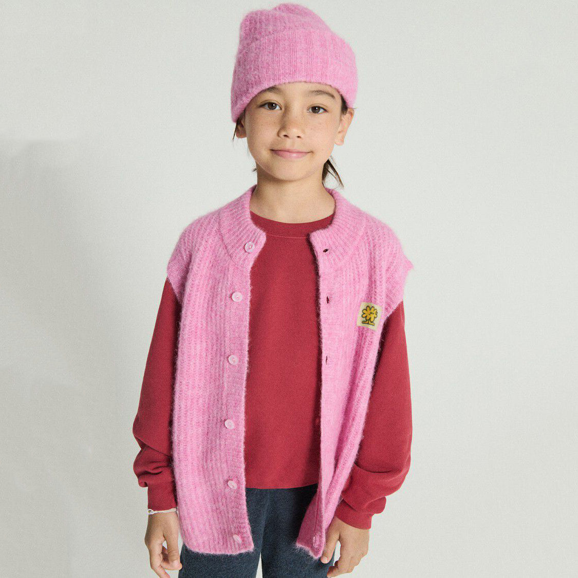 American Vintage-Sleeveless Round Neck Buttoned Cropped Cardigan Rose Bubble Chine