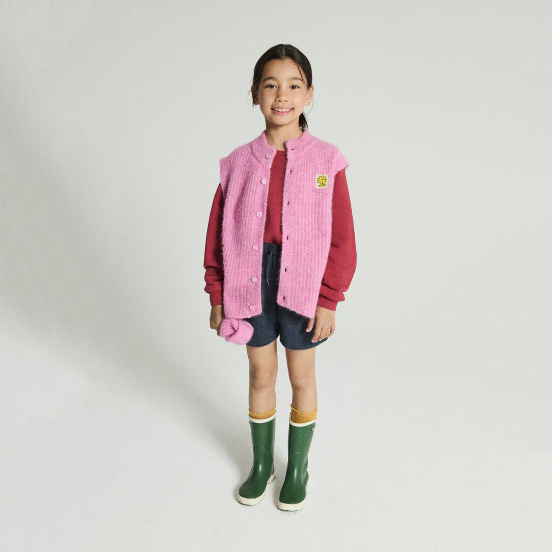 American Vintage-Sleeveless Round Neck Buttoned Cropped Cardigan Rose Bubble Chine