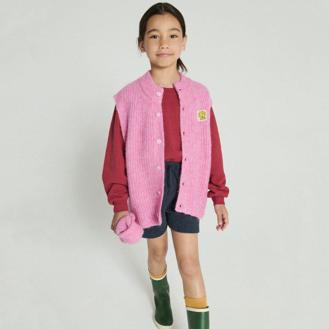 American Vintage-Sleeveless Round Neck Buttoned Cropped Cardigan Rose Bubble Chine