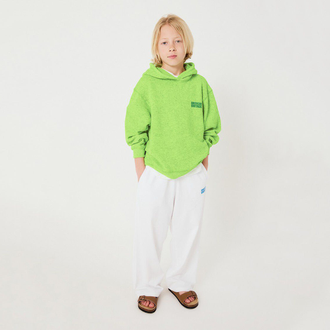 American Vintage-Kids Sweat ML Capuche Jaune Fluo Surteint