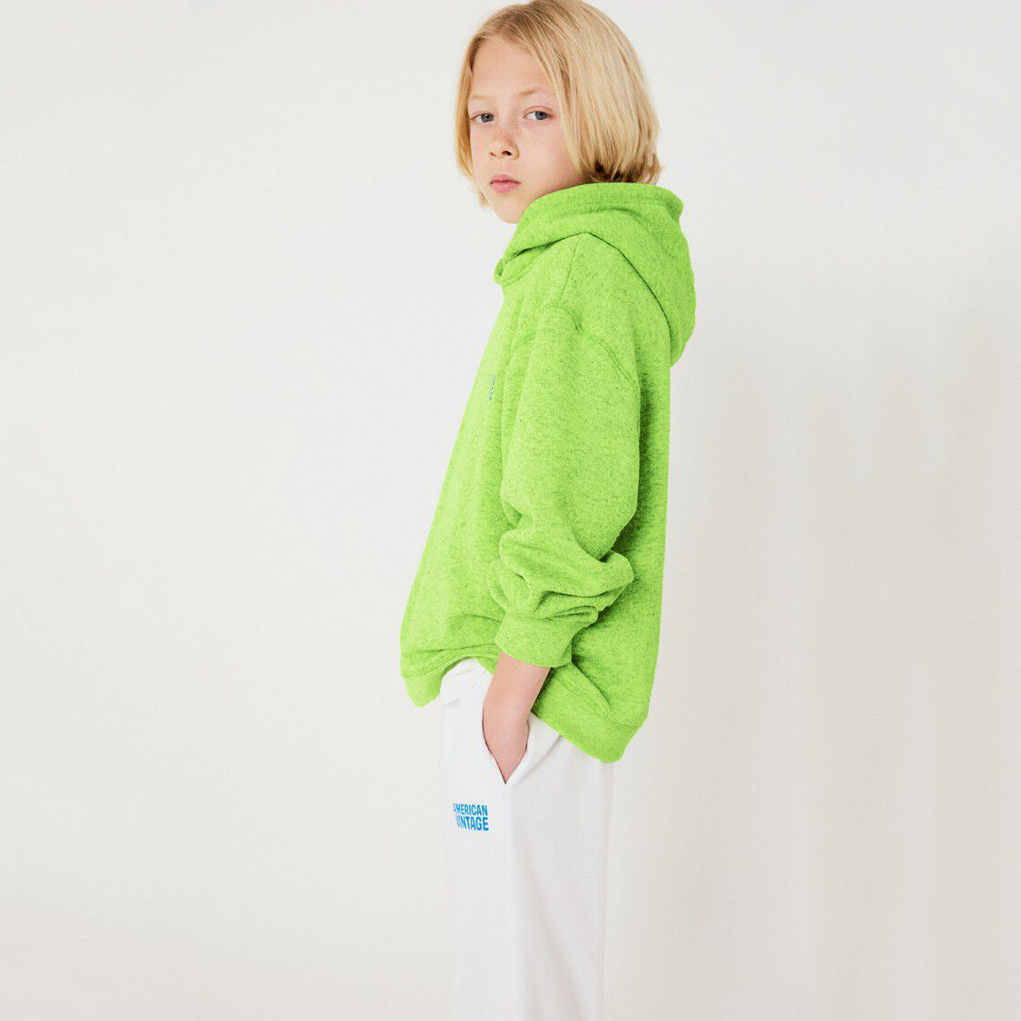 American Vintage-Kids Sweat ML Capuche Jaune Fluo Surteint