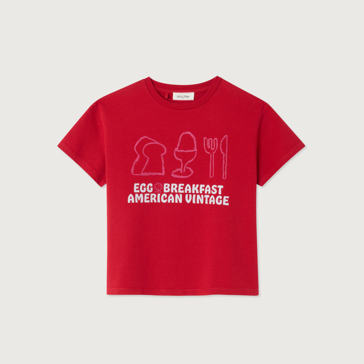 American Vintage-Short Sleeved Round Neck Straight Printed T-Shirt Groseille Vintage