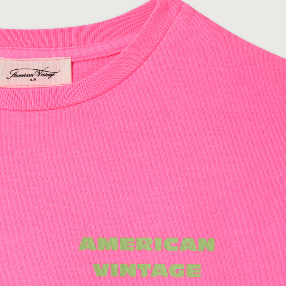 American Vintage-Short Sleeved Round Neck Straight Printed T-Shirt Rose Fluo