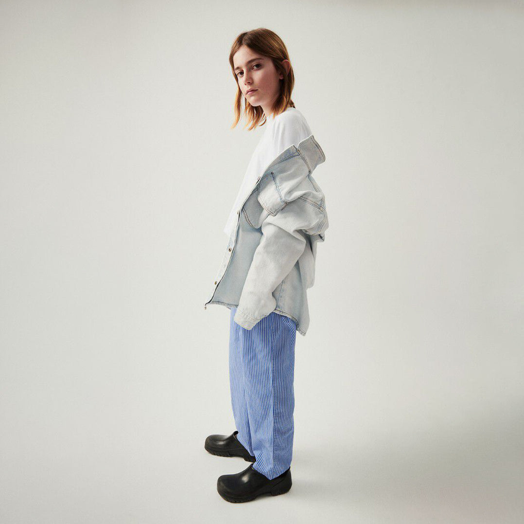 American Vintage-Kids Pantalon Carotte Taille Basse Rayures Aqua