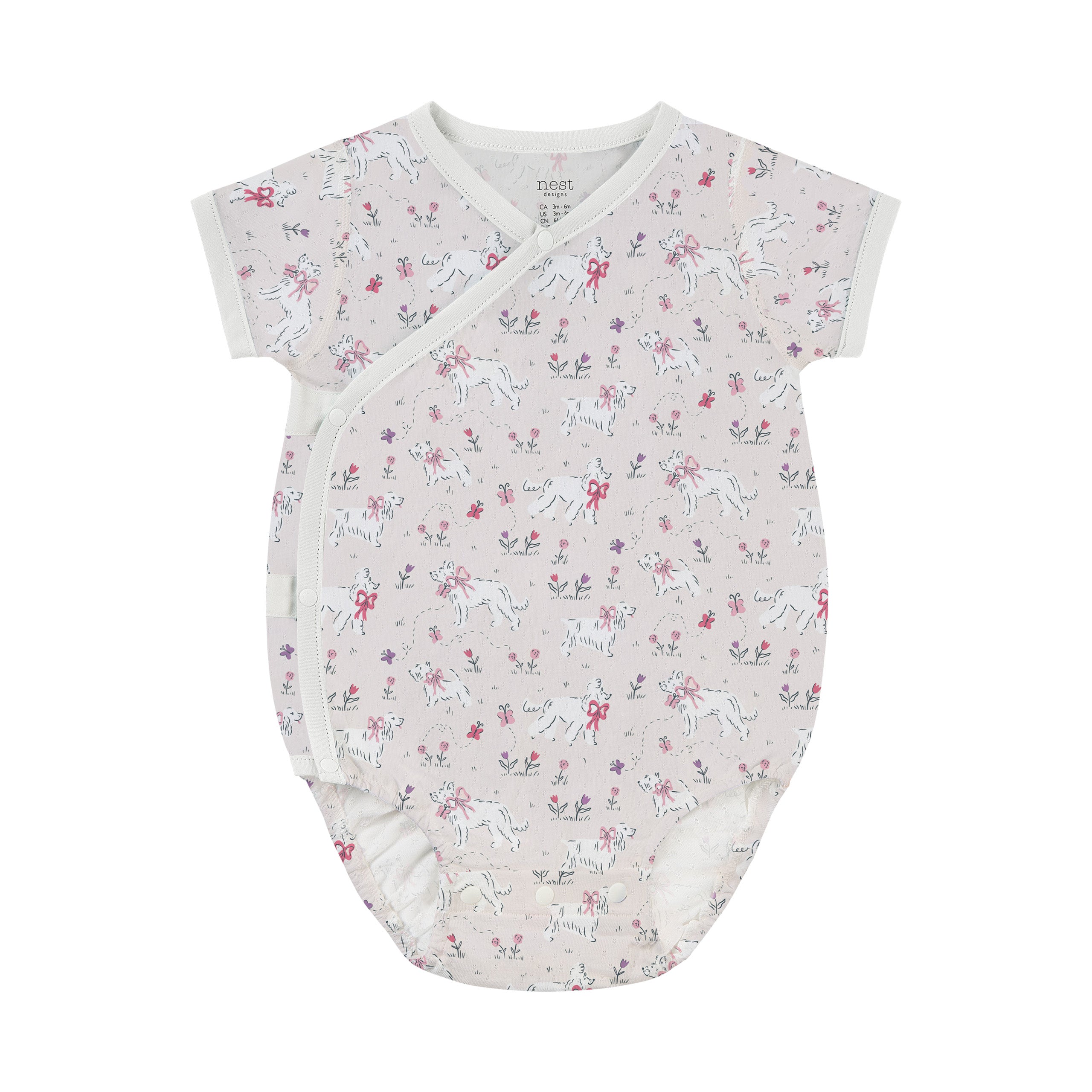 Nest Designs-Baby Short Sleeve Kimono Onesie Doggie Meadow