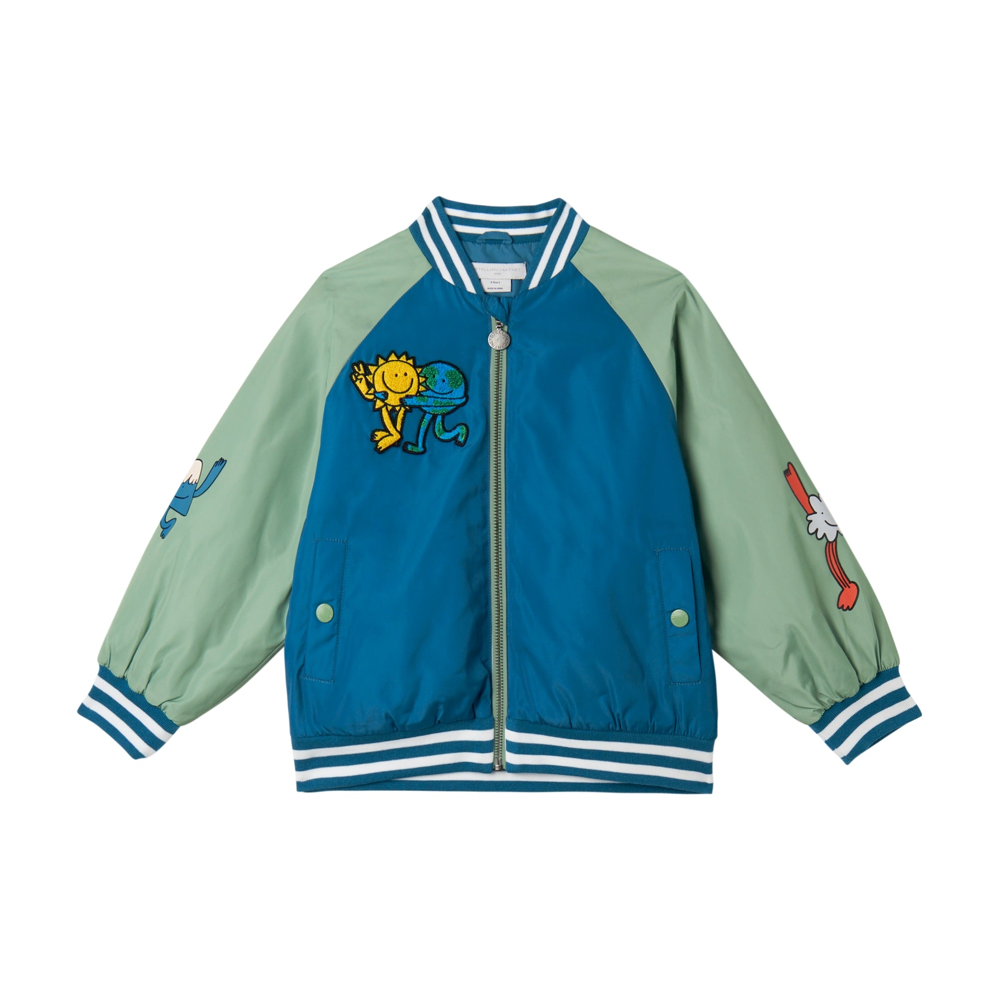 Stella McCartney Kids-Boy Bomber Jacket With Stay Earthy Gang Print Blue Green