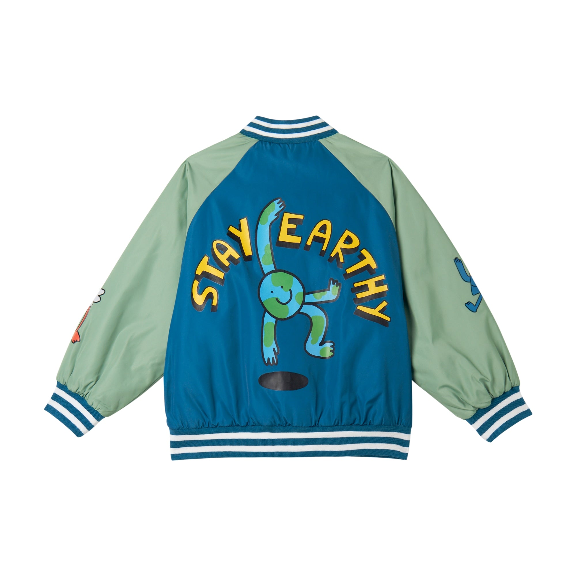 Stella McCartney Kids-Boy Bomber Jacket With Stay Earthy Gang Print Blue Green