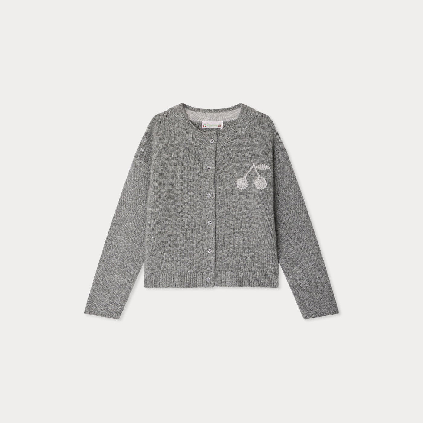 Bonpoint-Judicael Hand-Embroidered Cherry Cardigan In Gray Cashmere