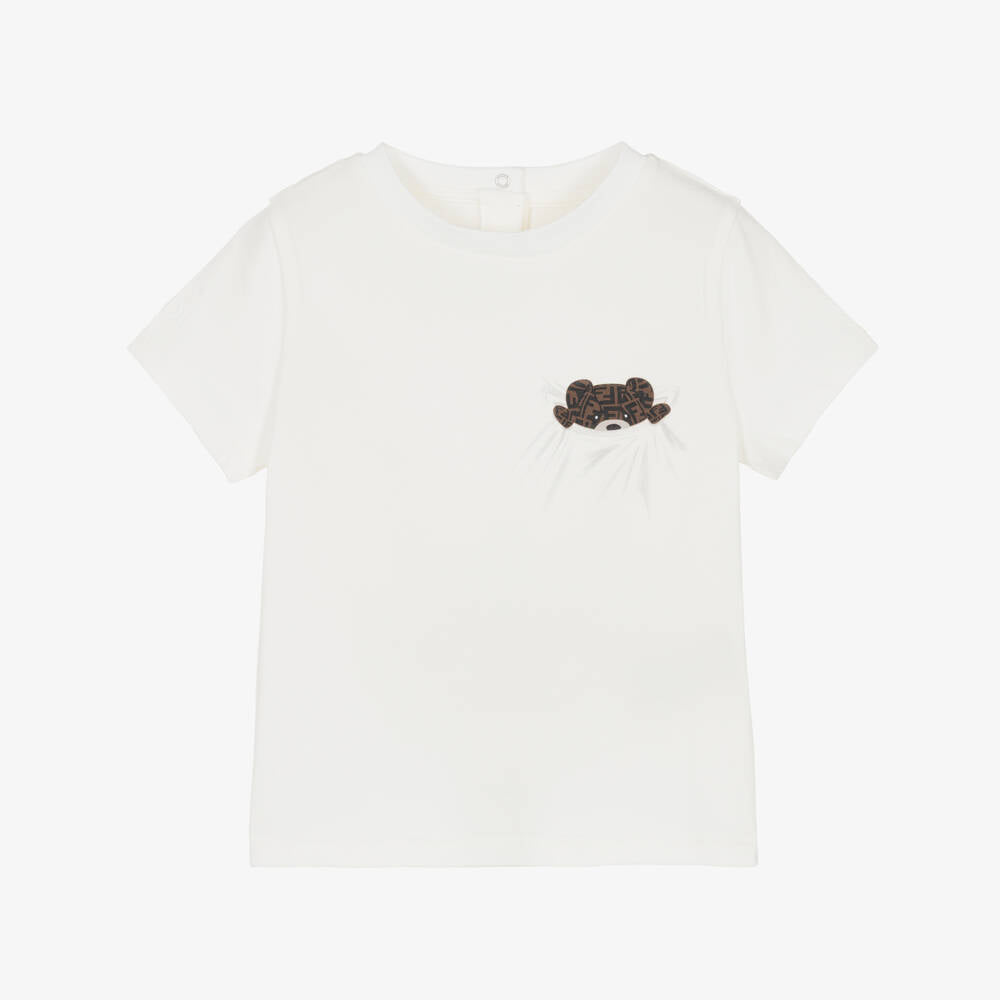 Fendi-White Baby SS Tee With FF Bear Print