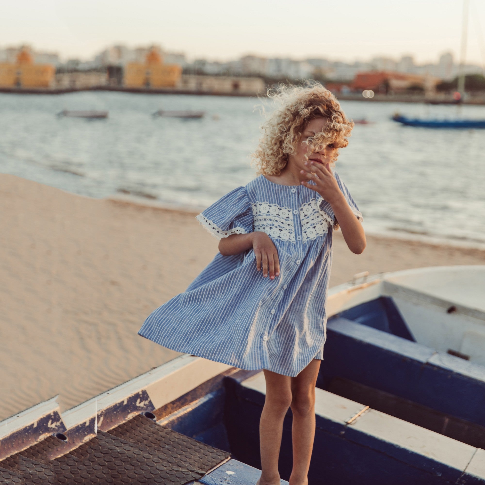 Louise Misha-Girls Blue Lace Linen Dress