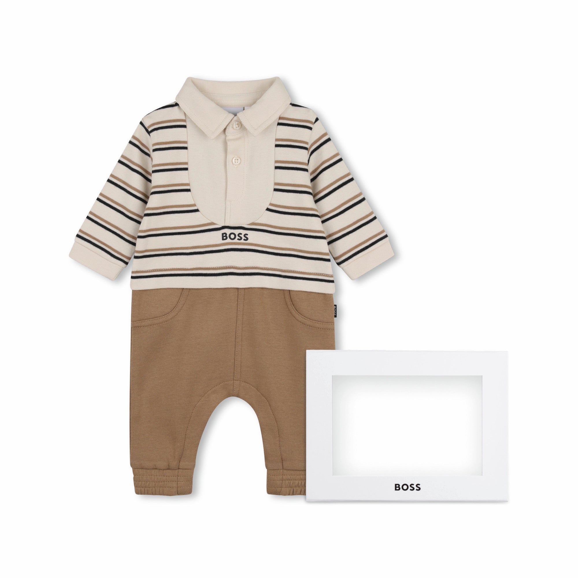 Boss-Ls Striped 2In1 Look Coverall With Polo Collar New Beige