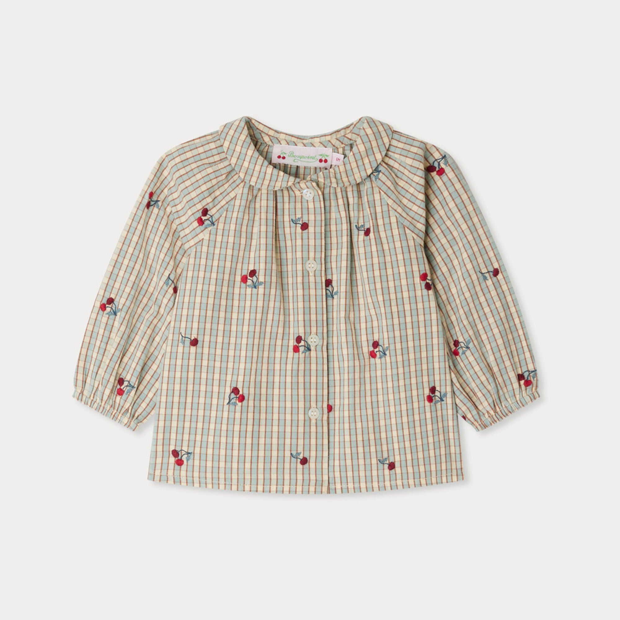 Bonpoint-Domino plaid blouse embroidered with cherries in organic cotton