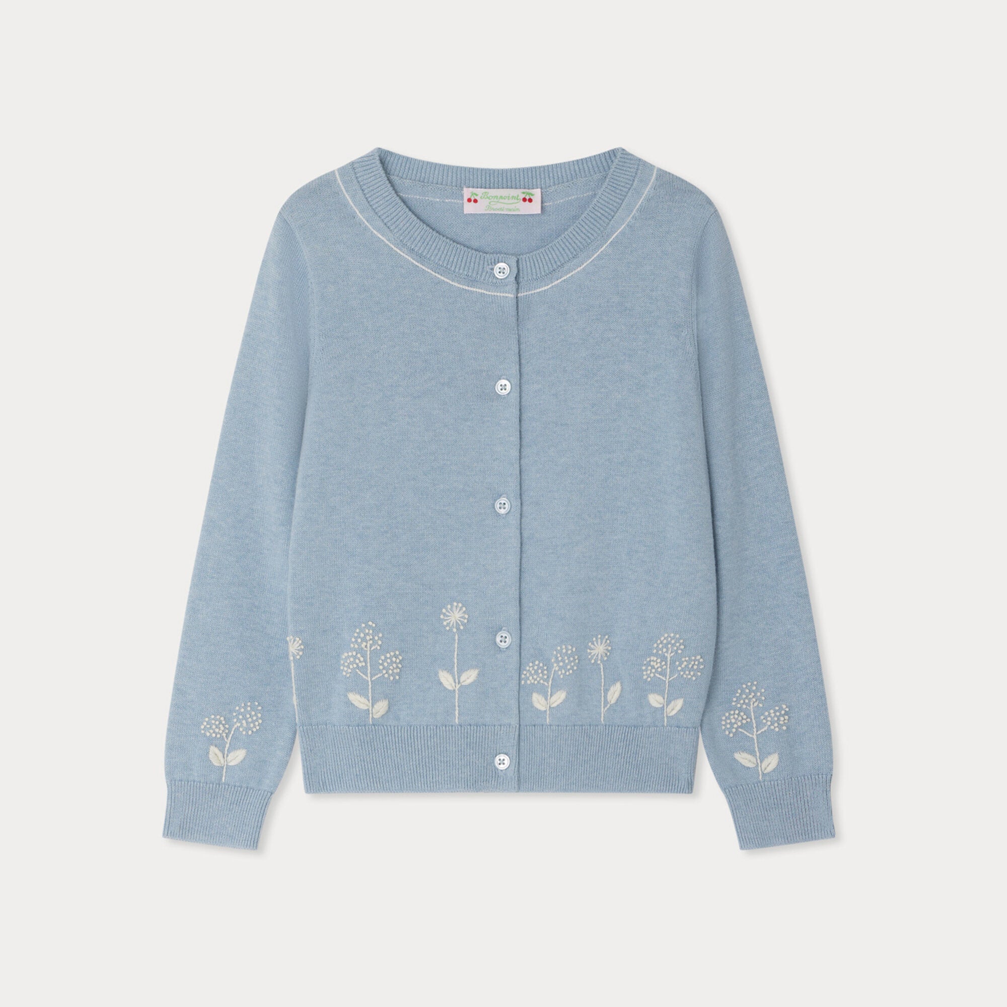 Bonpoint-Girls Blue Dandelion Embroidered Cotton Cardigan
