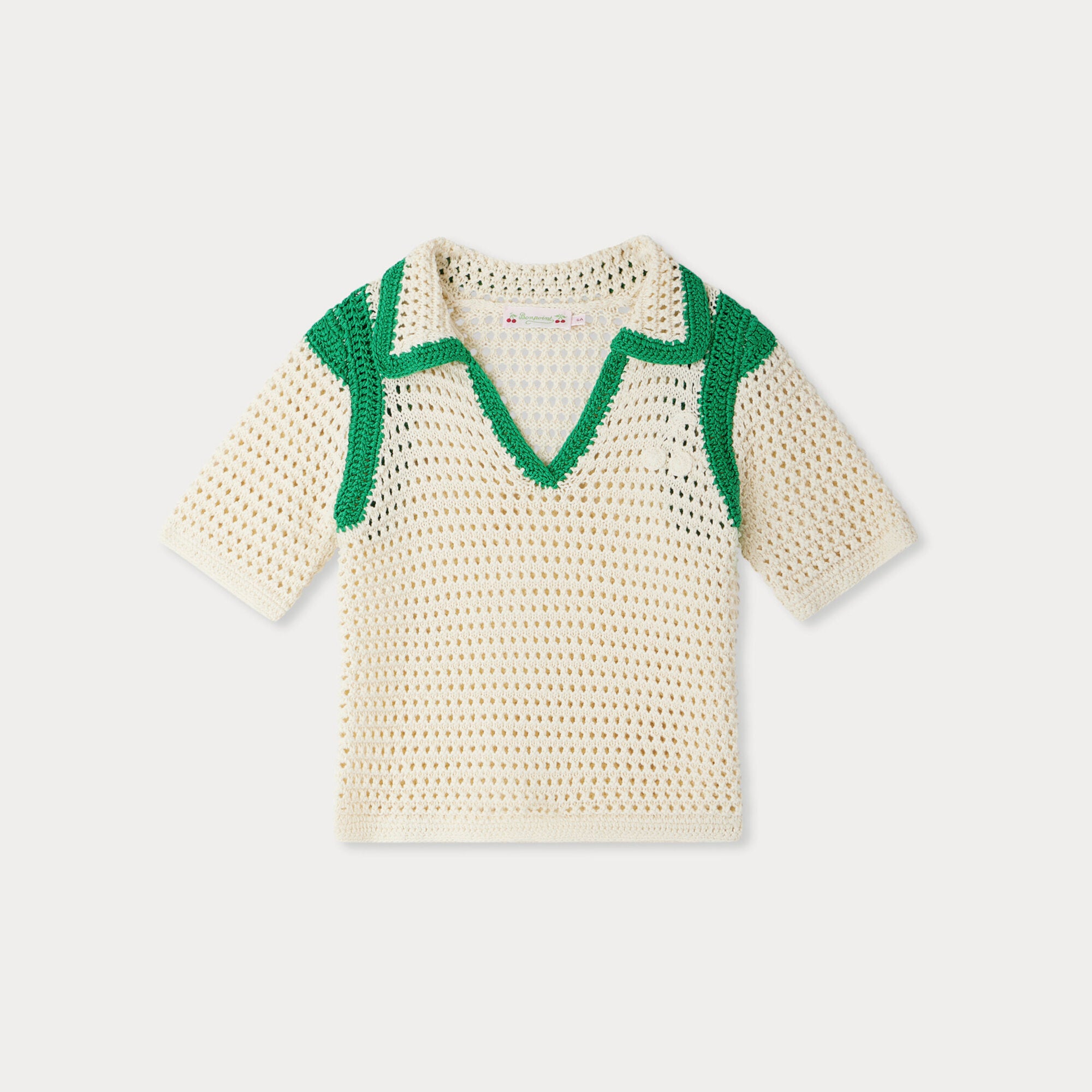 Bonpoint-Green And White Color Blocked Hollow Cotton T-shirt