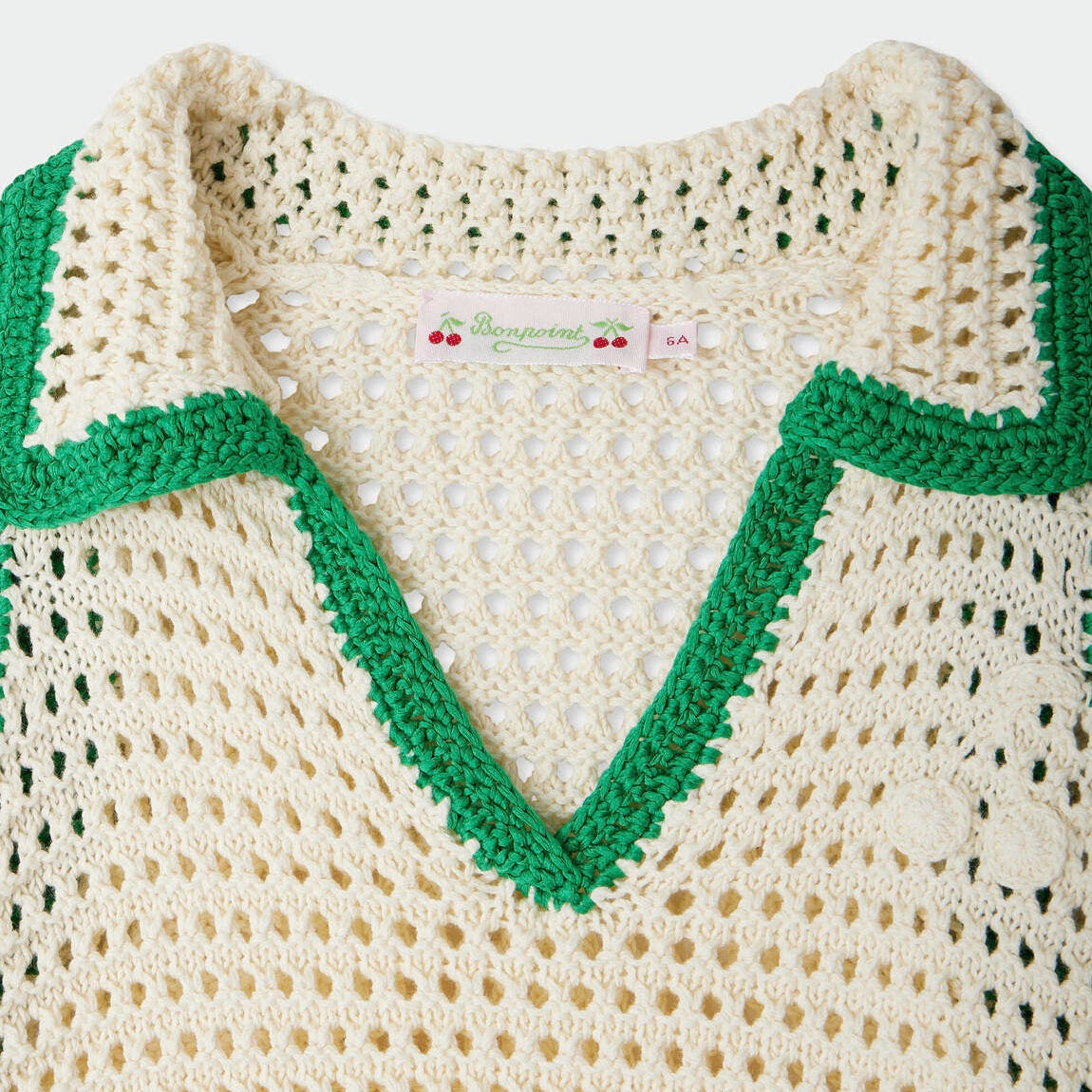 Bonpoint-Green And White Color Blocked Hollow Cotton T-shirt