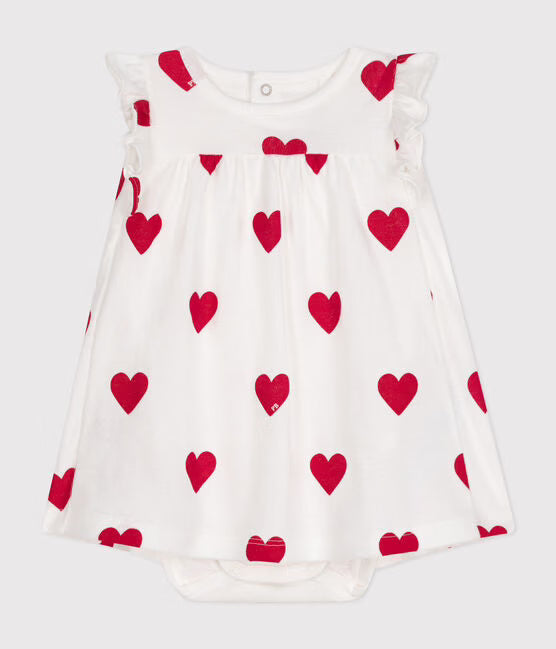 BABIES' ORGANIC COTTON HEART PRINT DRESS WITH BODYSUIT