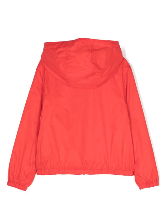 HOODED NYLON JACKET WITH CLIMBING UP LOGO BEAR PRNT-POPPY RED