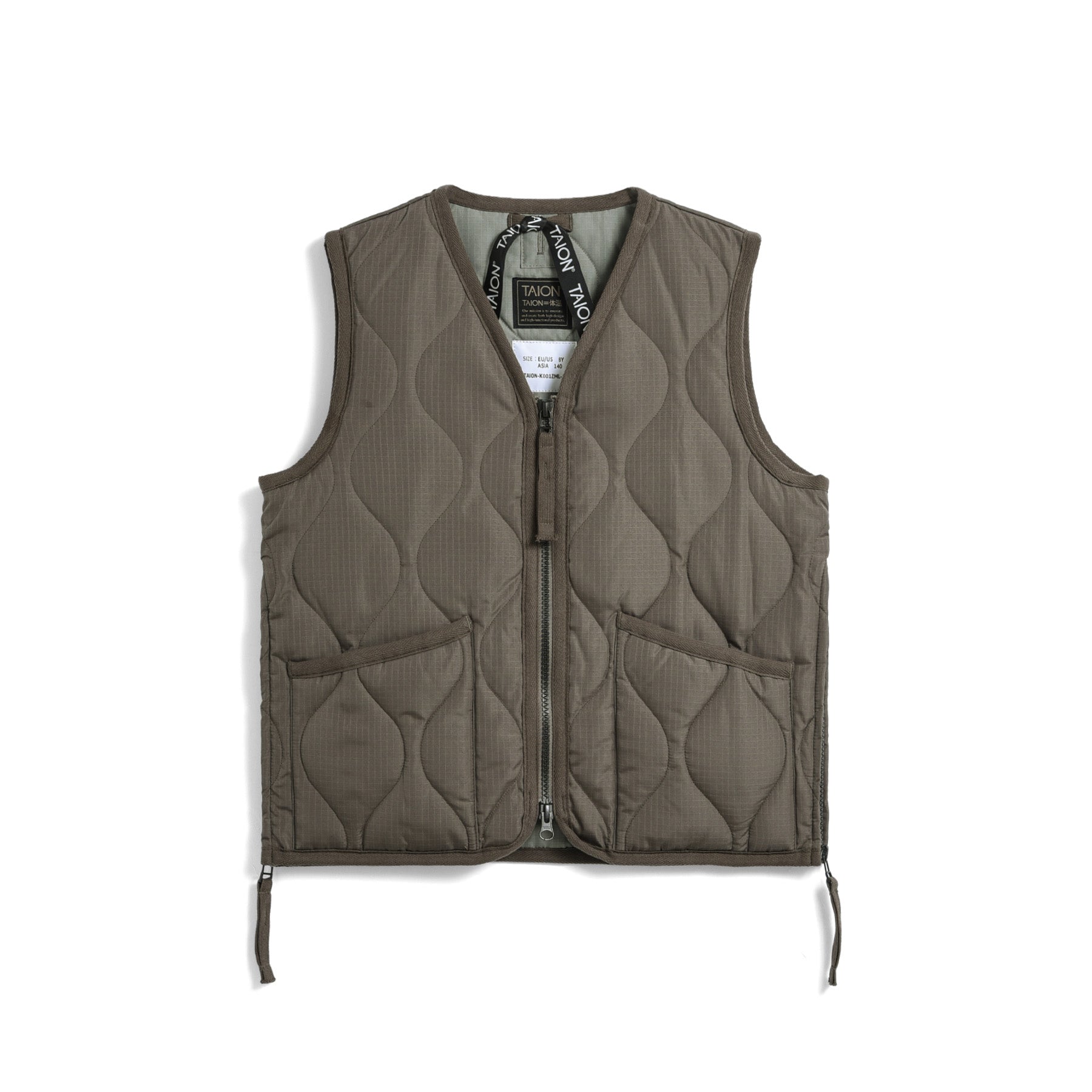 Taion-Kids Military Zip V Neck Down Vest Dark Khaki