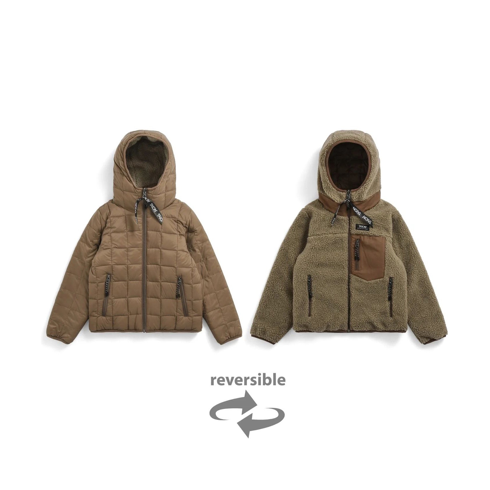 Taion-Kids Reversible "Down×Boa" Hood Jacket Light Brown x Beige
