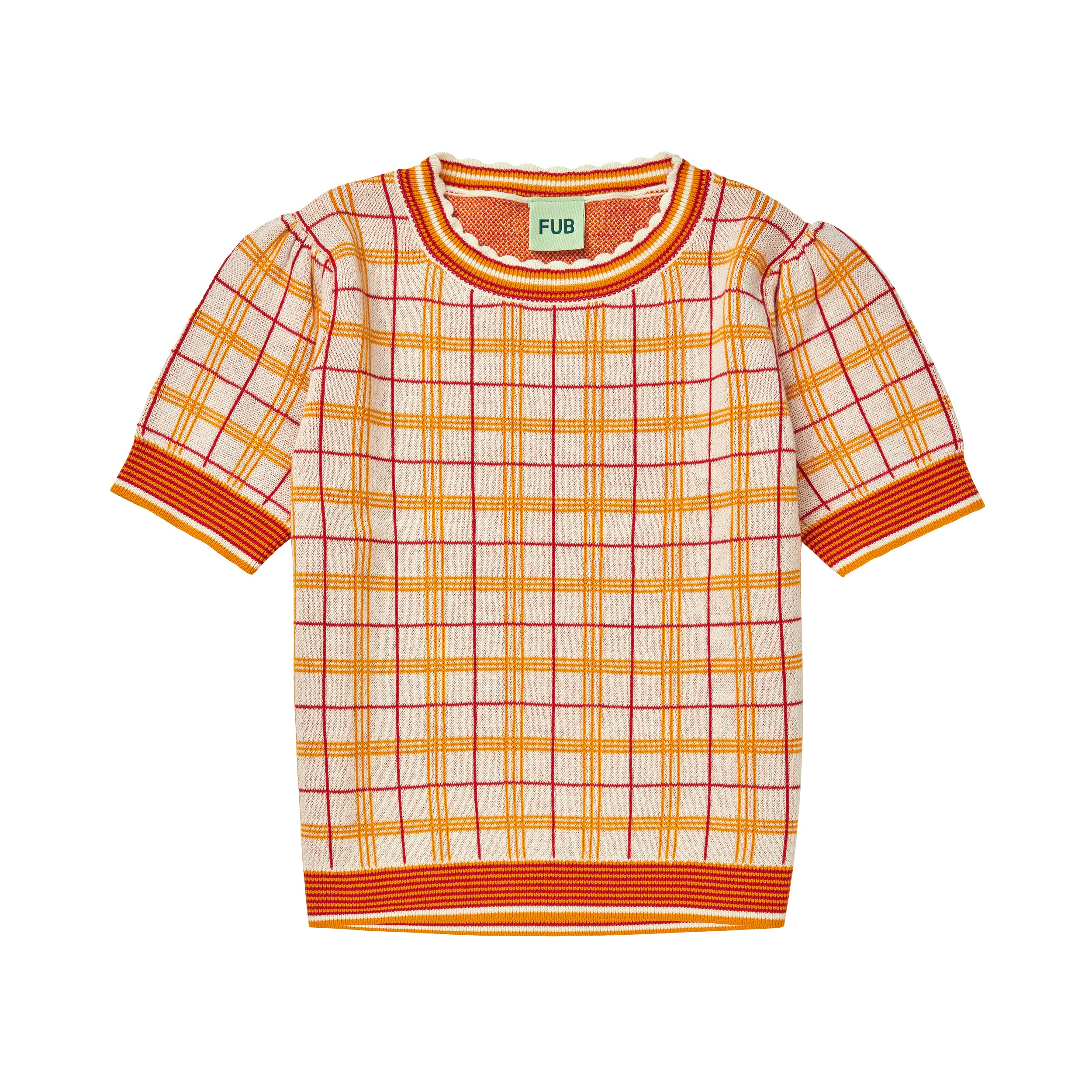 Fub-Girls Orange Knitted Plaid Cotton T-Shirt