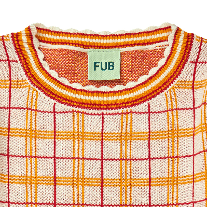 Fub-Girls Orange Knitted Plaid Cotton T-Shirt