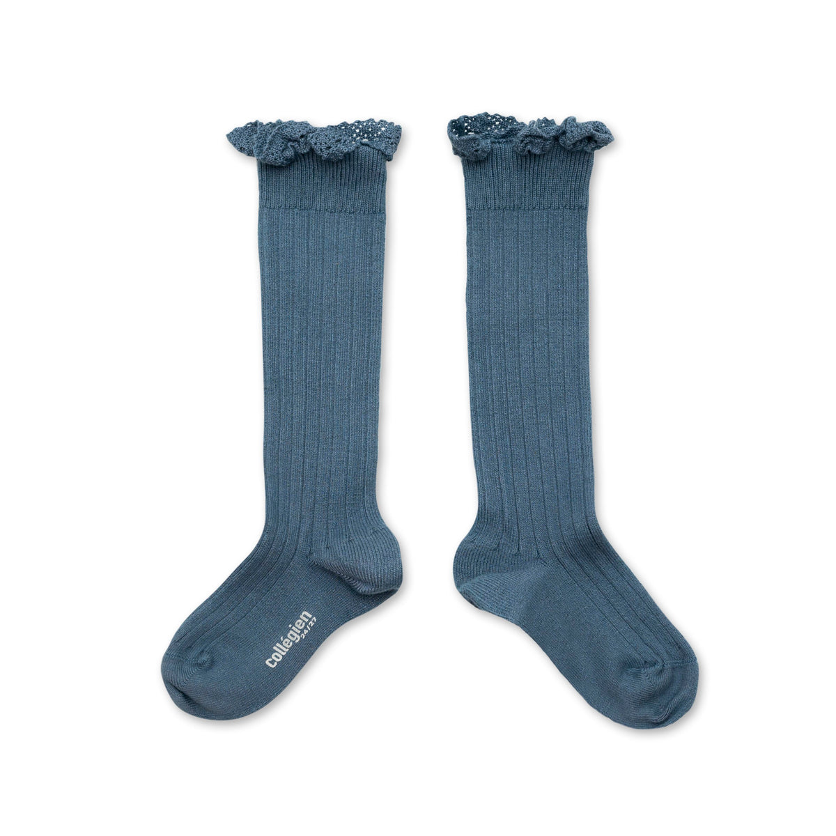 Collégien-Joséphine  LaceTrim Ribbed Kneehigh Socks Bleu Cendré