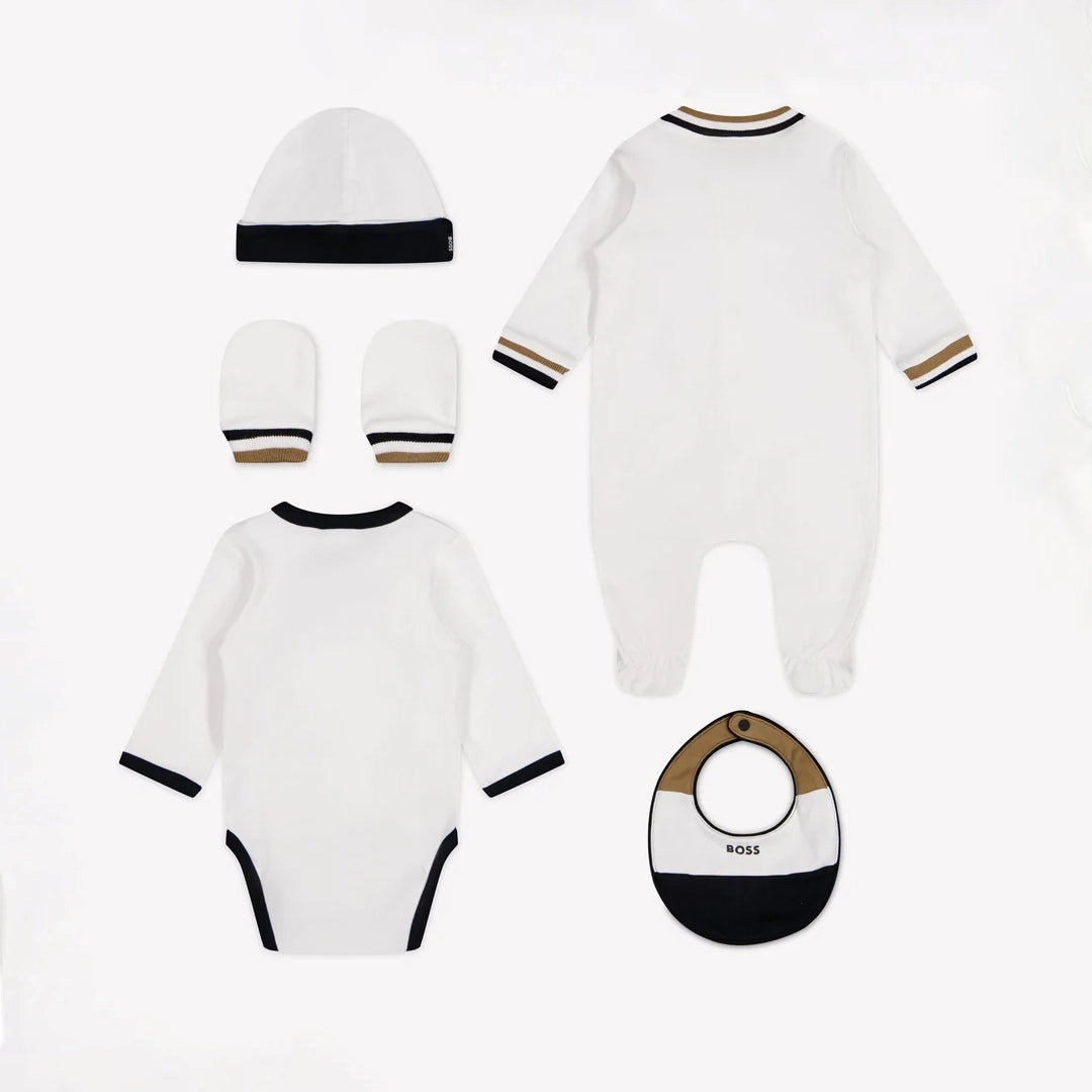 Boss-5Pc Newborn Set W Footie+Bodysuit+Mittens+Hat+Bib White
