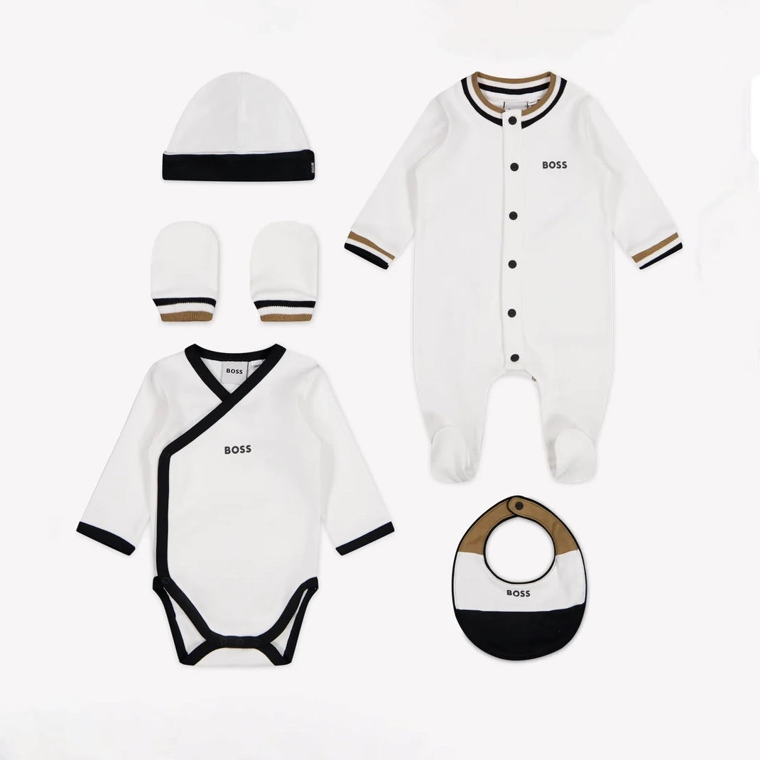 Boss-5Pc Newborn Set W Footie+Bodysuit+Mittens+Hat+Bib White