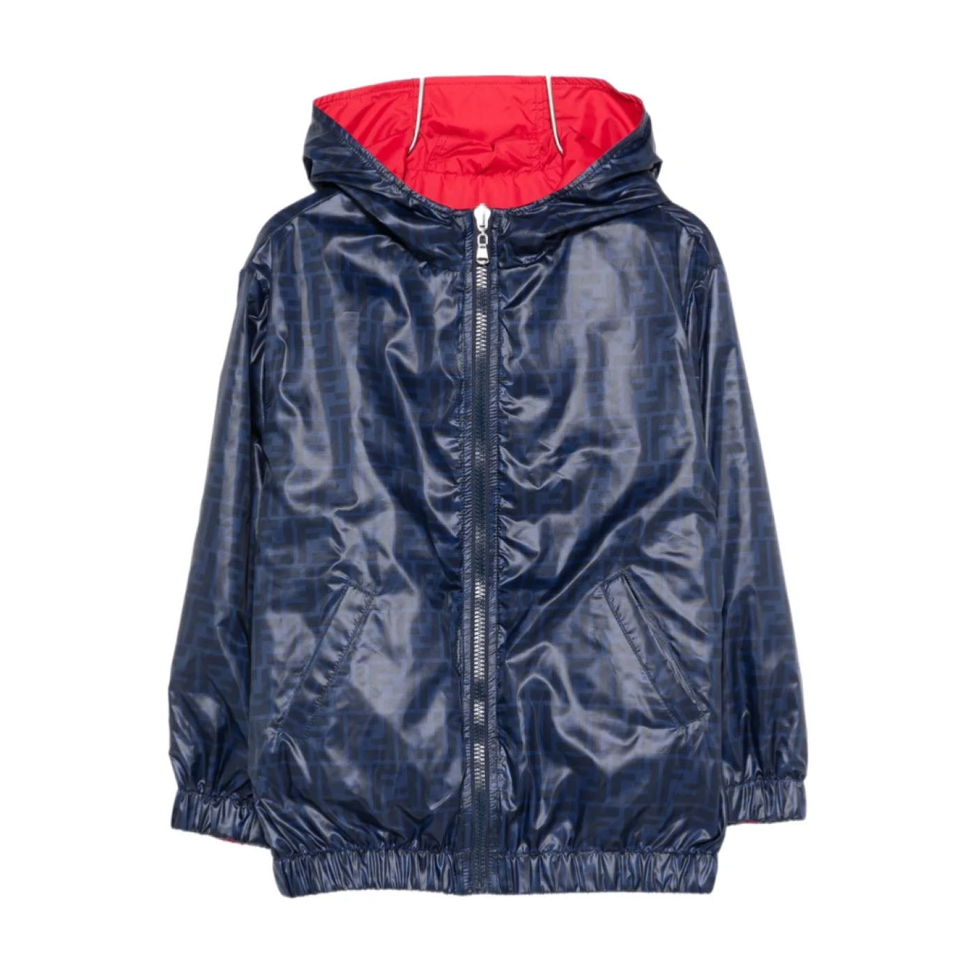 Fendi-Navy Reversible Hooded Zip Up Jacket With FF Allover