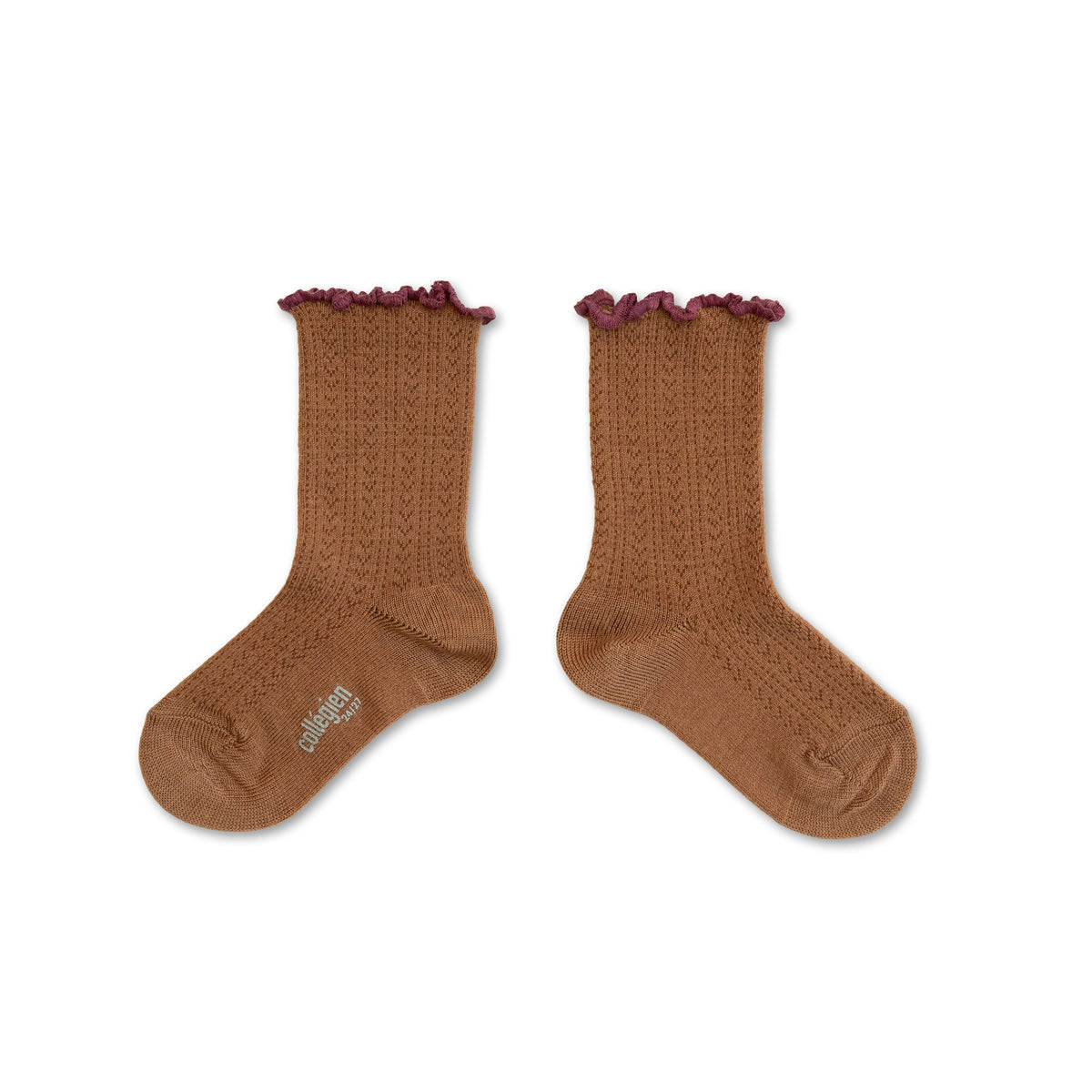 Collégien-Ambre  Lettuce Trim Pointelle Merino Wool Socks Mocha Mousse