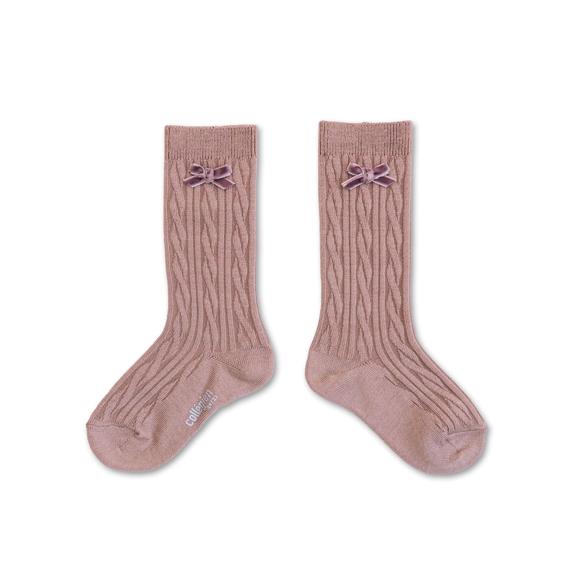 Collégien-MarieAlix  Cableknit Wool Kneehigh Socks with Velvet Bow Vieux Rose