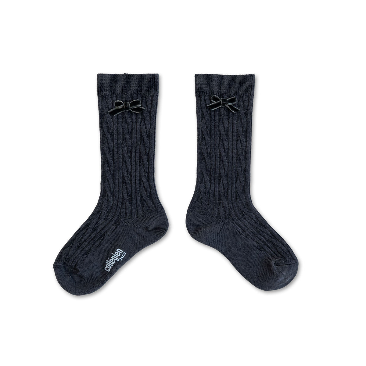 Collégien-MarieAlix  Cableknit Wool Kneehigh Socks with Velvet Bow Pierre de Volvic