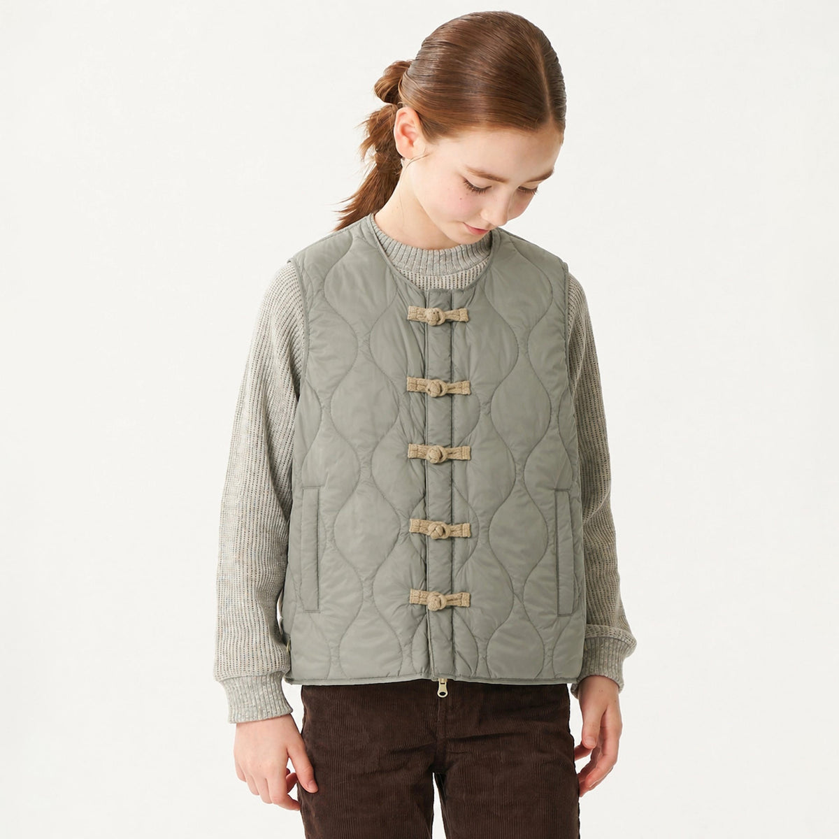 Taion-Kids Reversible China Button  Down Vest D.Sage Green x Beige