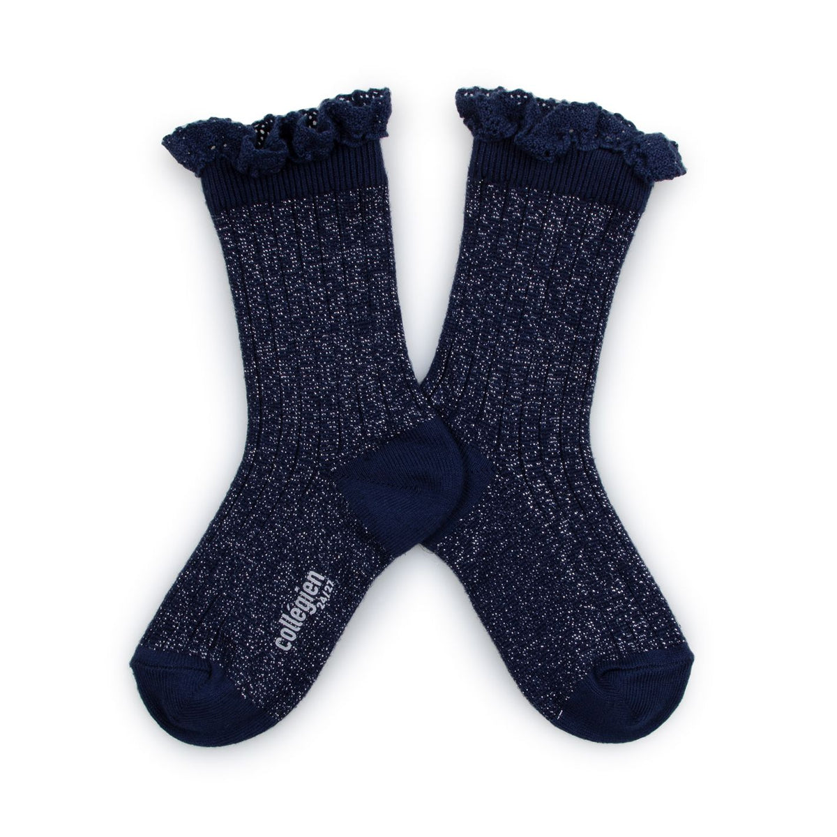 Collégien-Victorine  Glitter Ribbed Crew Socks with Lace Trim Nuit Etoilée
