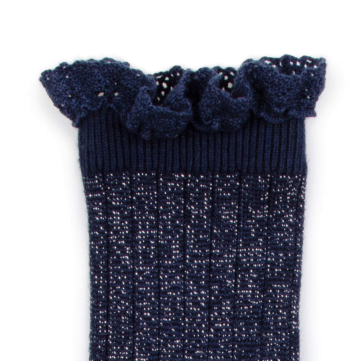Collégien-Victorine  Glitter Ribbed Crew Socks with Lace Trim Nuit Etoilée