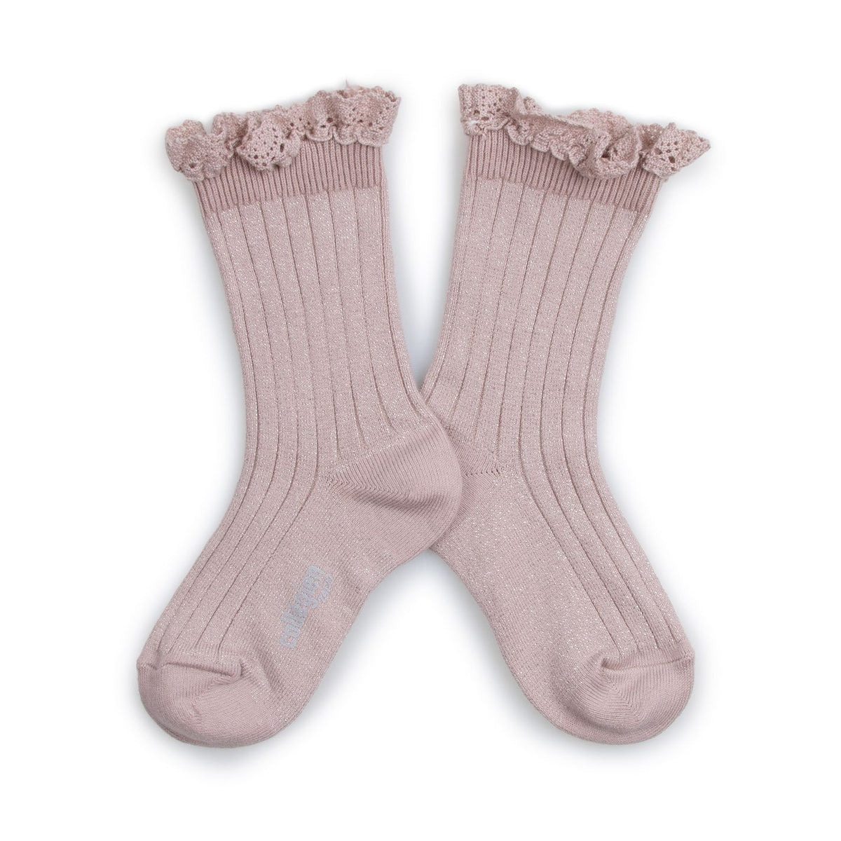 Collégien-Victorine  Glitter Ribbed Crew Socks with Lace Trim Vieux Rose