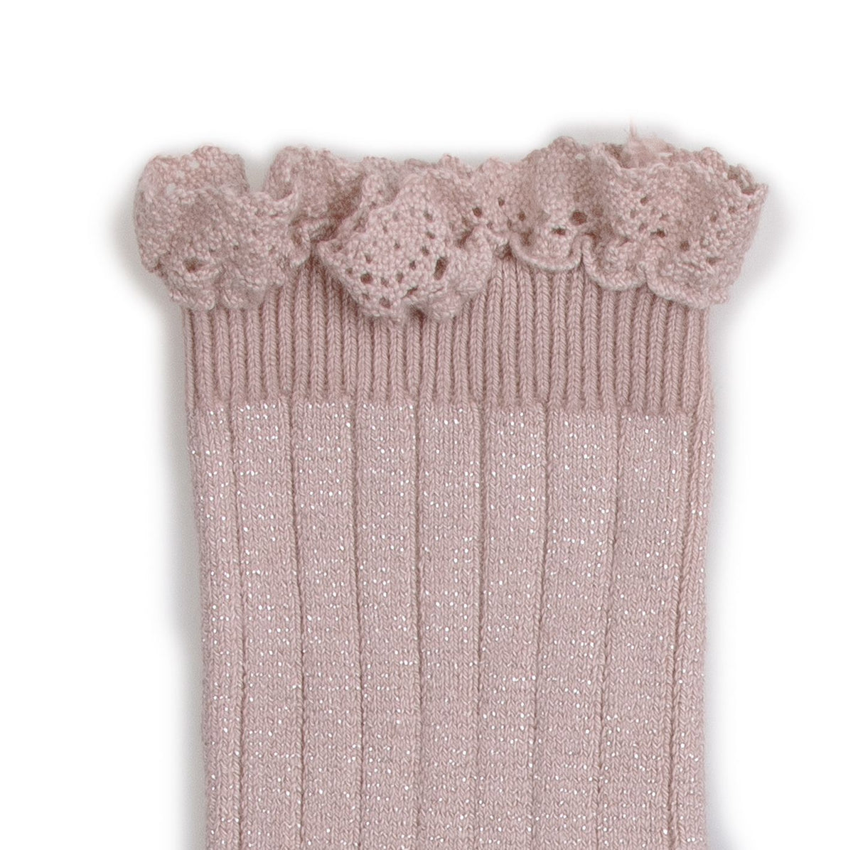 Collégien-Victorine  Glitter Ribbed Crew Socks with Lace Trim Vieux Rose