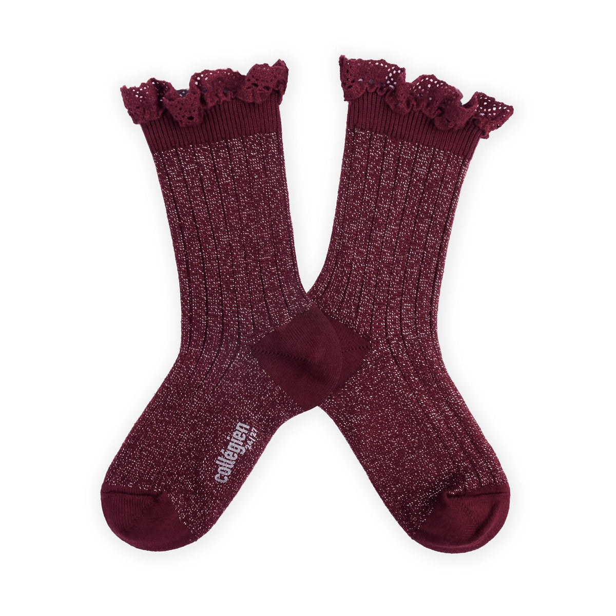 Collégien-Victorine  Glitter Ribbed Crew Socks with Lace Trim Bordeaux Grand Cru