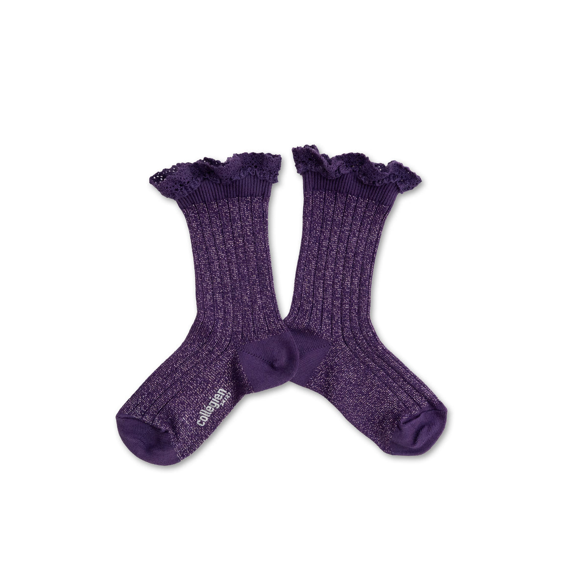 Collégien-Victorine  Glitter Ribbed Crew Socks with Lace Trim Myrtille
