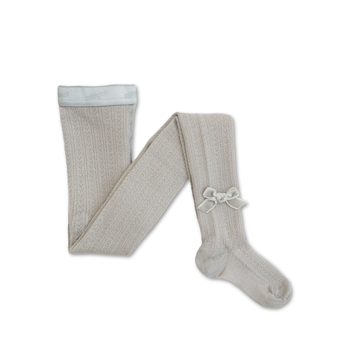 Collégien-Quitterie  Pointelle Merino Wool Tights with Velvet Bow Gris Perle