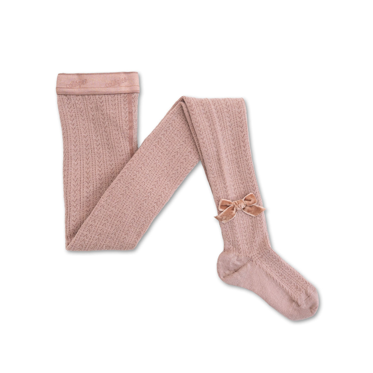 Collégien-Quitterie  Pointelle Merino Wool Tights with Velvet Bow Vieux Rose